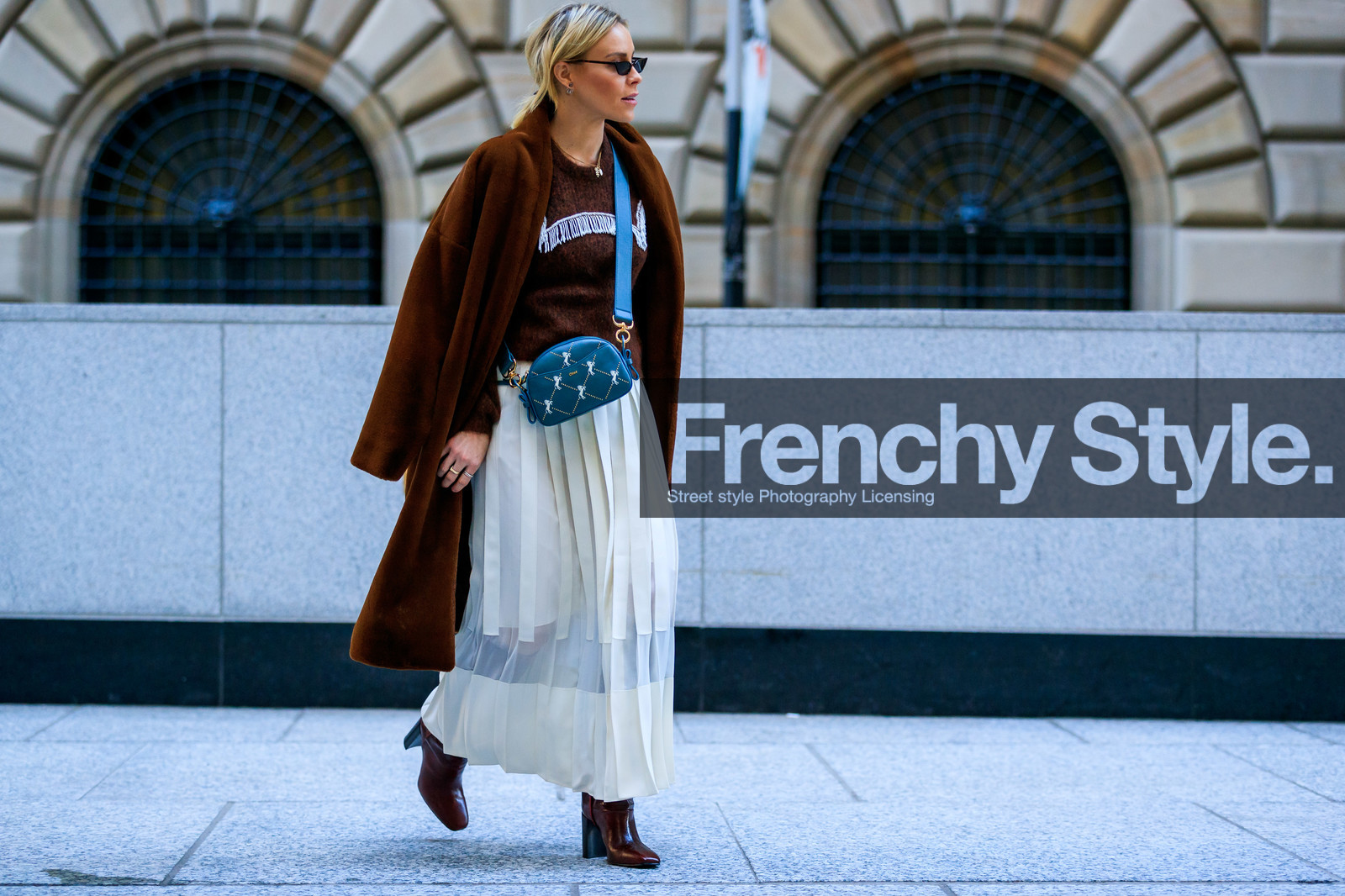 blue bag, brown boot, brown coat, brown sweater, chloé, high boots, high heels, leather bag, leather shoes, over the shoulder, pleated skirt, see through, sunglasses, white skirt, street style, jonathan paciullo, frenchystyle, NYFW, NEW YORK, AUTUMN WINTER 2019-2020, AW 19-20, FALL WINTER 2019-2020, FW 19-20, fashion week, FW, atmosphere details, horizontal, full length