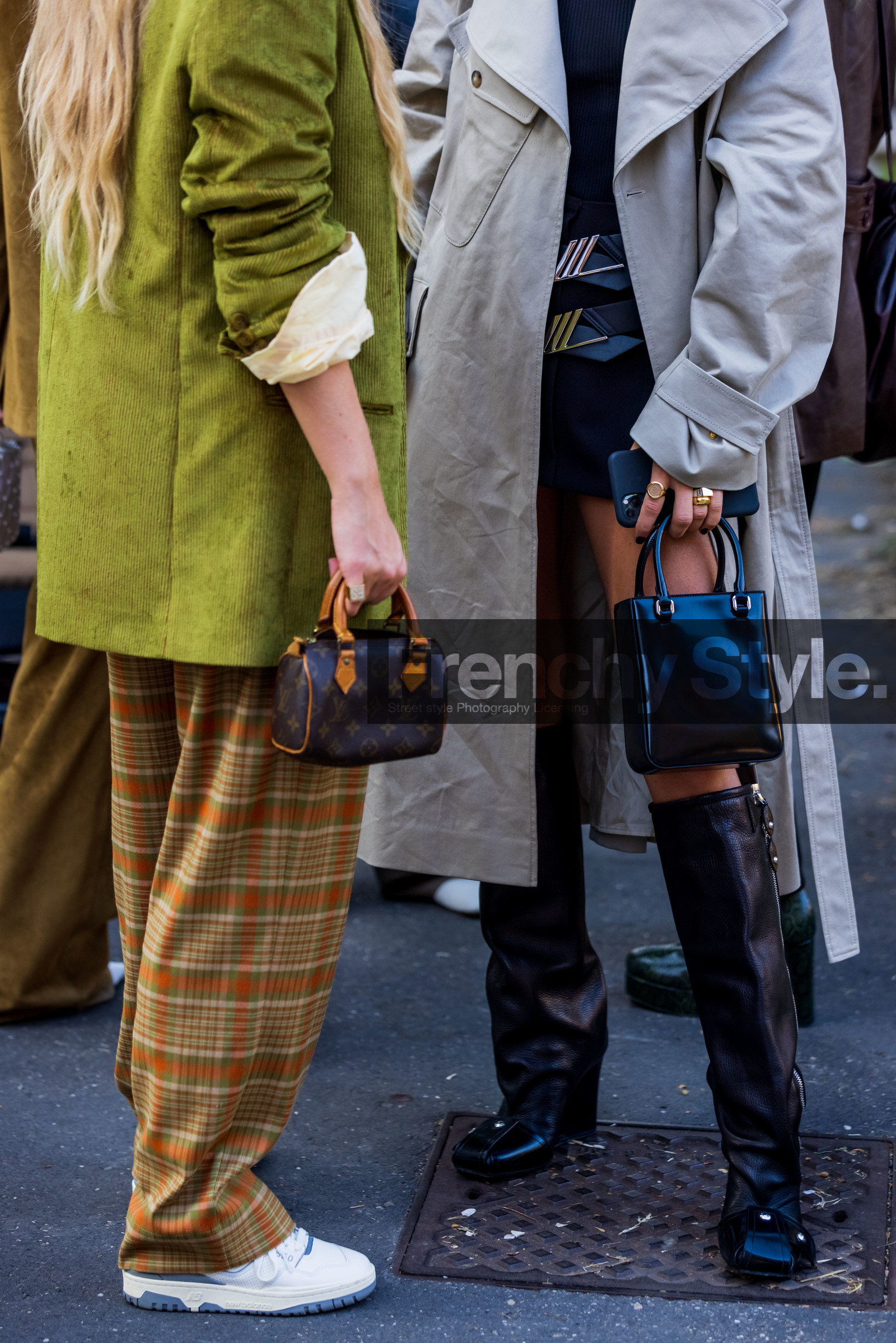bag, blazer, brown bag, color, corduroy blazer, detail, Emili Sindlev, green blazer, leather bag, logo bag, louis vuitton bag, louis vuitton boots, pants, print, print knit, small bag, sneakers, tartan pants, white sneakers, fashion week, frenchystyle, FW, jonathan paciullo, street style, MFW, MILAN, SPRING SUMMER 2022, SS 22, vertical, atmosphere details