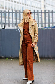 beige coat, brown jumpsuit, corduroy, graphic bag, high heels, leather bag, leather shoes, printed bag, striped bag, sunglasses, trench coat, trousers, white shoes, street style, jonathan paciullo, FW, frenchystyle, fashion week, LFW, LONDON, AUTUMN WINTER 2018-2019, AW 18-19, FALL WINTER 2018-2019, FW 18-19, vertical, full length, camille charriere