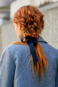 braids, grey coat, red head, street style, jonathan paciullo, FW, frenchystyle, fashion week, LFW, LONDON, AUTUMN WINTER 2018-2019, AW 18-19, FALL WINTER 2018-2019, FW 18-19, vertical, atmosphere details, detail, model