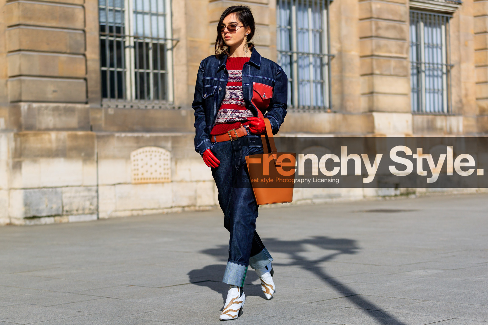 blue denim, brown bag, brown belt, denim jacket, denim pants, high heels, jeans, leather bag, leather belt, leather shoes, louis vuitton, red sweater, sunglasses, trousers, white boots, street style, jonathan paciullo, FW, frenchystyle, fashion week, PFW, PARIS, AUTUMN WINTER 2018-2019, FALL WINTER 2018-2019, FW 18-19, horizontal, atmosphere details, full length, doina ciobanu