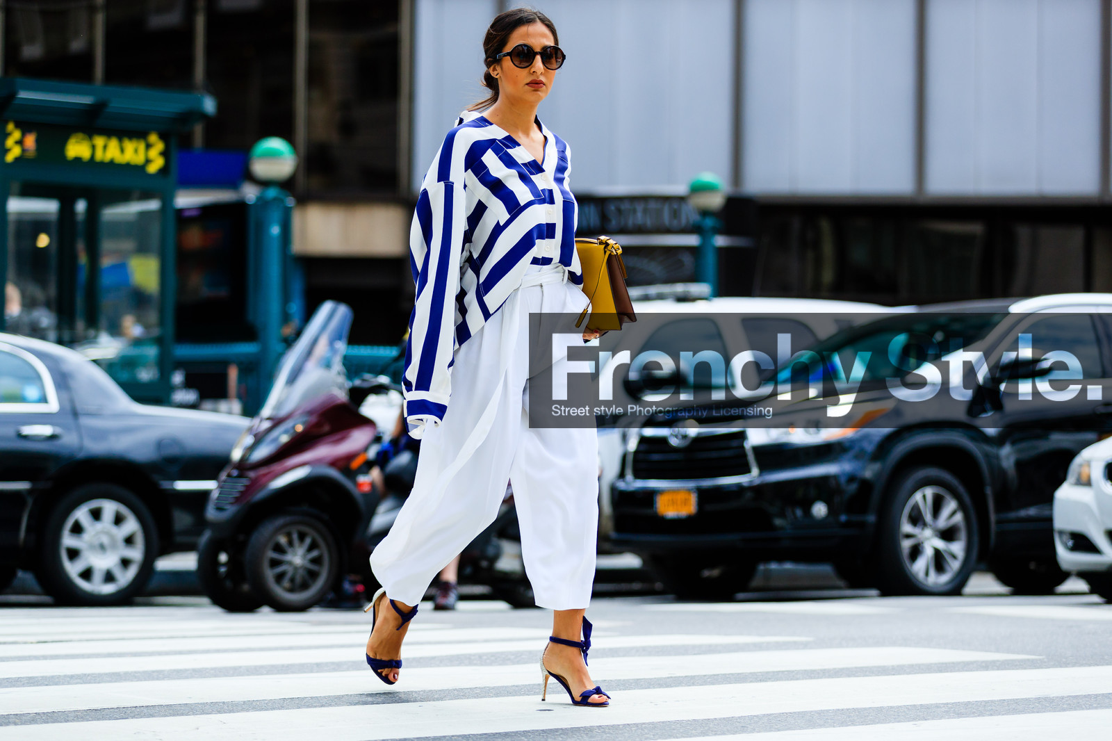atmosphere details, blue shirt, blue shoes, fashion week, frenchystyle, full length, FW, high heels, horizontal, jonathan paciullo, leather bag, nausheen shah, NEW YORK, NYFW, printed shirt, SPRING SUMMER 2017, SS 17, street style, striped shirt, stripes, suede shoes, sunglasses, trousers, white pants, wide pants, woman, yellow bag