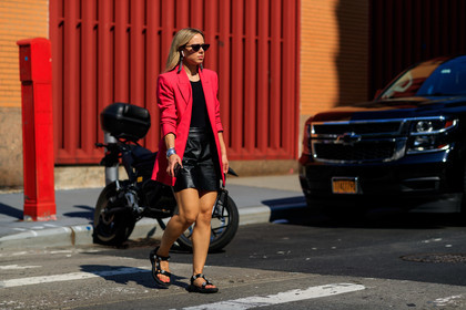 black shoes, black shorts, black top, blazer, bracelet, earrings, leather shoes, leather shorts, red jacket, sunglasses, street style, jonathan paciullo, FW, frenchystyle, fashion week, NEW YORK, NYFW, SPRING SUMMER 2020, SS 20, horizontal, atmosphere details, full length