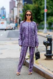 animal print, black bag, black shoes, glitter, graphic jacket, graphic pants, high heels, leather jacket, leather pants, leather shoes, prada, printed jacket, printed pants, purple jacket, purple pants, sequined bag, snake print, sunglasses, trousers, street style, jonathan paciullo, FW, frenchystyle, fashion week, NEW YORK, NYFW, SPRING SUMMER 2020, SS 20, vertical, full length