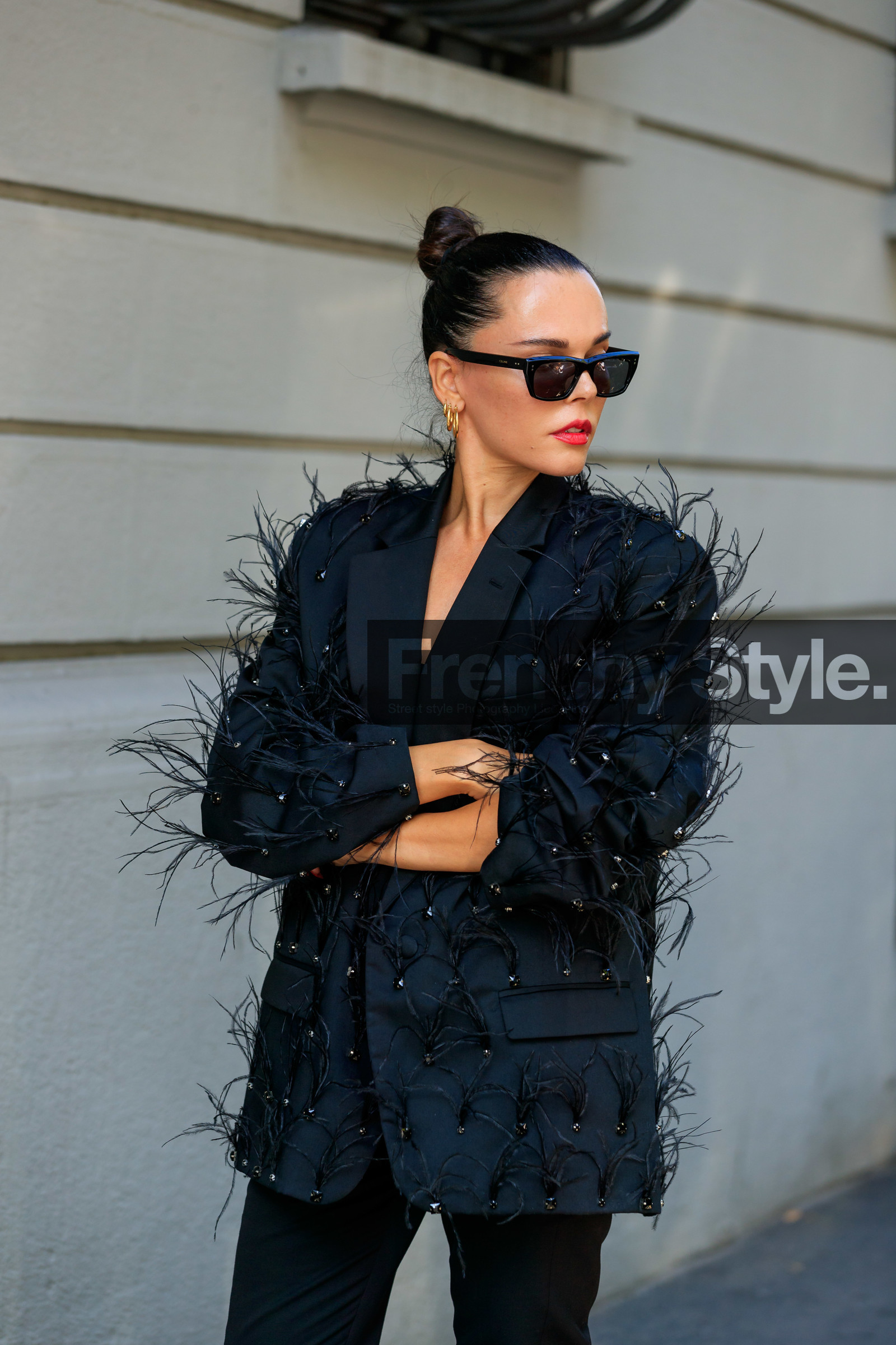 evangelie smyrniotaki, celine sunglasses, hoop earrings, multi earrings, golden earrings, black jacket, feather details, feather details jacket, strassed jacket, fashion week, frenchystyle, FW, jonathan paciullo, street style, vertical, atmosphere details, detail, MFW, MILAN, SPRING SUMMER 2020, SS 20
