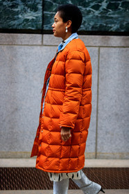 down jacket, earrings, high heels, leather shoes, orange coat, short hair, street style, jonathan paciullo, FW, frenchystyle, fashion week, NYFW, NEW YORK, AUTUMN WINTER 2018-2019, AW 18-19, FALL WINTER 2018-2019, FW 18-19, vertical, atmosphere details, detail, tamu mcpherson