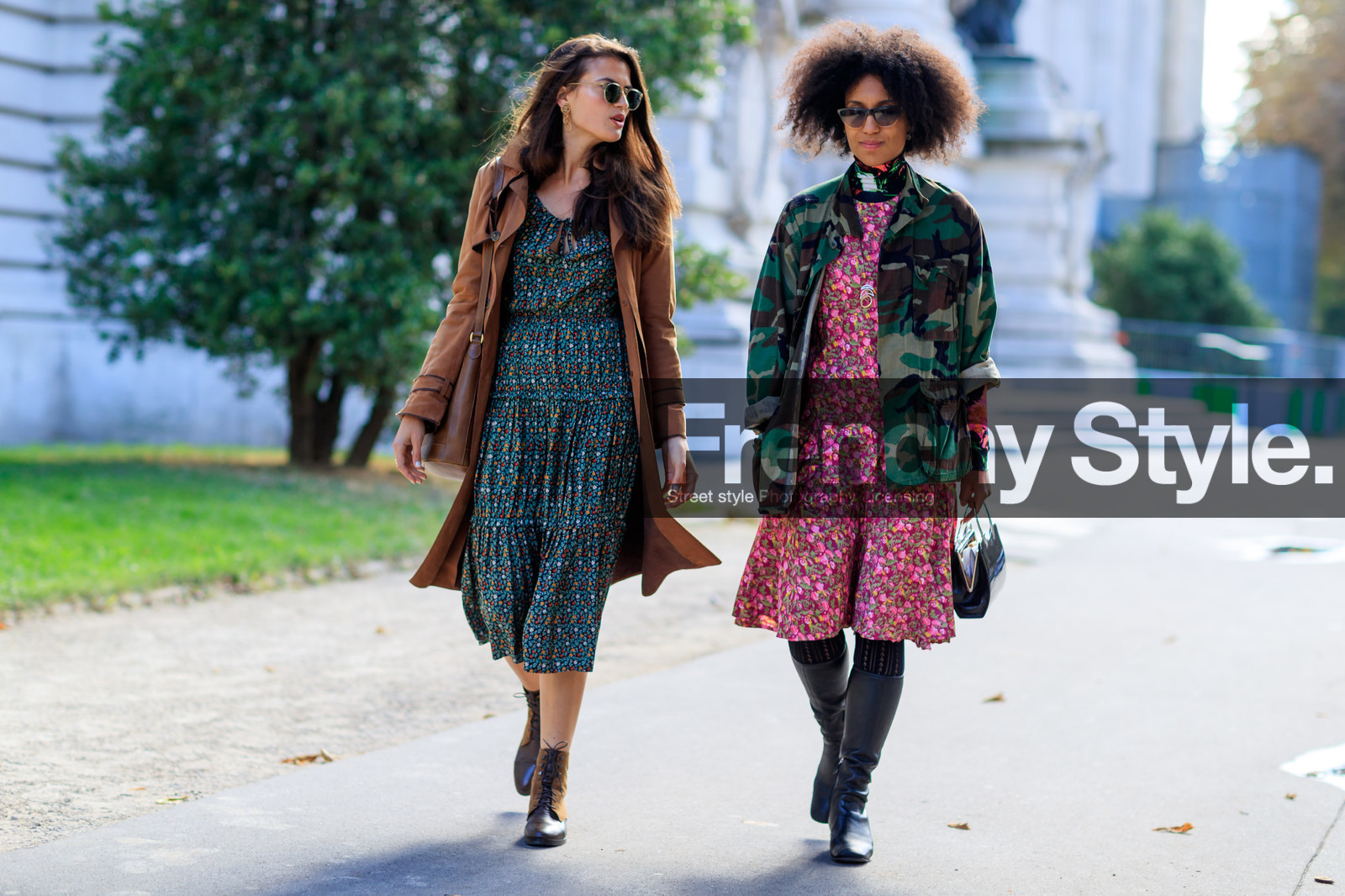 atmosphere details, black boots, brown boots, brown coat, camo jacket, camouflage, fashion week, frenchystyle, full length, FW, green dress, green jacket, horizontal, jonathan paciullo, leather bag, leather shoes, military jacket, PARIS, PFW, pink dress, printed dress, printed jacket, SPRING SUMMER 2017, SS 17, street style, sunglasses, trench coat