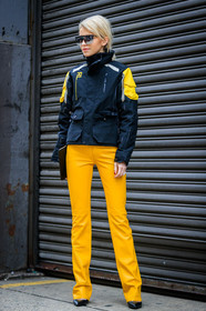 black jacket, black shoes, graphic jacket, printed jacket, ralph lauren, sunglasses, trousers, yellow pants, street style, jonathan paciullo, FW, frenchystyle, fashion week, NYFW, NEW YORK, AUTUMN WINTER 2018-2019, AW 18-19, FALL WINTER 2018-2019, FW 18-19, vertical, full length, caro daur