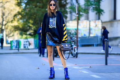 aimee song, atmosphere details, black skirt, black sweater, blue boots, brown bag, fashion week, frenchystyle, full length, FW, high heels, horizontal, jonathan paciullo, leather shoes, leather skirt, louis vuitton, monogram, off white, PARIS, PFW, printed bag, printed sweater, SPRING SUMMER 2017, SS 17, street style, striped sweater, sunglasses