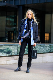 black bag, black denim, black jacket, black pants, black shoes, black turtleneck, blue shirt, chains, denim pants, down jacket, jeans, leather bag, leather shoes, trousers, street style, jonathan paciullo, FW, frenchystyle, fashion week, NYFW, NEW YORK, AUTUMN WINTER 2018-2019, AW 18-19, FALL WINTER 2018-2019, FW 18-19, vertical, full length, model