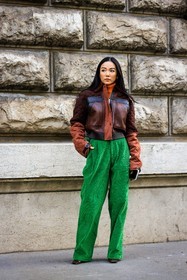 bomber jacket, brown jacket, leather jacket, green pants, baggy pants, short jacket, orange turtle neck, yoyo cao, street style, jonathan paciullo, FW, frenchystyle, fashion week, AUTUMN WINTER 2022-2023, FALL WINTER 2022_2023, FW 22-23, PFW, PARIS, full length, vertical, corduroy trousers