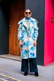 black pants, black shoes, blue coat, bun, earrings, floral, flowers, graphic jacket, green shirt, leather shoes, pearls, printed jacket, sunglasses, trousers, street style, jonathan paciullo, FW, frenchystyle, fashion week, LFW, LONDON, AUTUMN WINTER 2018-2019, AW 18-19, FALL WINTER 2018-2019, FW 18-19, vertical, full length, jenny walton
