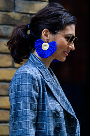 blazer, checked, earrings, graphic jacket, grey jacket, plaid, ponytail, printed jacket, sunglasses, street style, jonathan paciullo, FW, frenchystyle, fashion week, LFW, LONDON, AUTUMN WINTER 2018-2019, AW 18-19, FALL WINTER 2018-2019, FW 18-19, vertical, atmosphere details, detail