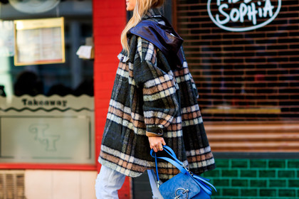 blue bag, blue denim, checked, denim pants, graphic jacket, green jacket, jeans, leather bag, plaid, printed jacket, suede bag, trousers, fashion week, frenchystyle, FW, jonathan paciullo, street style, LFW, LONDON, AUTUMN WINTER 2018-2019, AW 18-19, FALL WINTER 2018-2019, FW 18-19, horizontal, atmosphere details, detail, pernille teisbaek