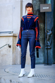 blue denim, denim pants, Evangelie Smyrniotaki, fashion week, frenchystyle, full length, FW, geometric, graphic shirt, jeans, jonathan paciullo, leather shoes, navy shirt, PARIS, PFW, printed shirt, sacai, silk shirt, SPRING SUMMER 2017, SS 17, street style, striped shirt, stripes, trousers, vertical, white boots