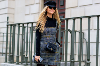 black bag, black hat, black sweater, chanel handbag, checked, grey dress, leather bag, plaid, sunglasses, tights, street style, jonathan paciullo, FW, frenchystyle, fashion week, LFW, LONDON, AUTUMN WINTER 2018-2019, AW 18-19, FALL WINTER 2018-2019, FW 18-19, horizontal, atmosphere details, detail, Holly Russell