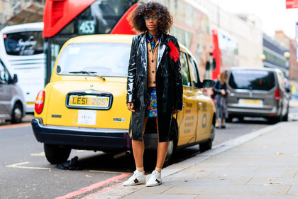 atmosphere details, beige cardigan, black coat, blue dress, fashion week, frenchystyle, full length, FW, gucci, horizontal, jan-michael quammie, jonathan paciullo, leather coat, leather shoes, leather sneakers, LFW, LONDON, printed dress, SPRING SUMMER 2017, SS 17, street style, varnished leather, white sneakers, woman