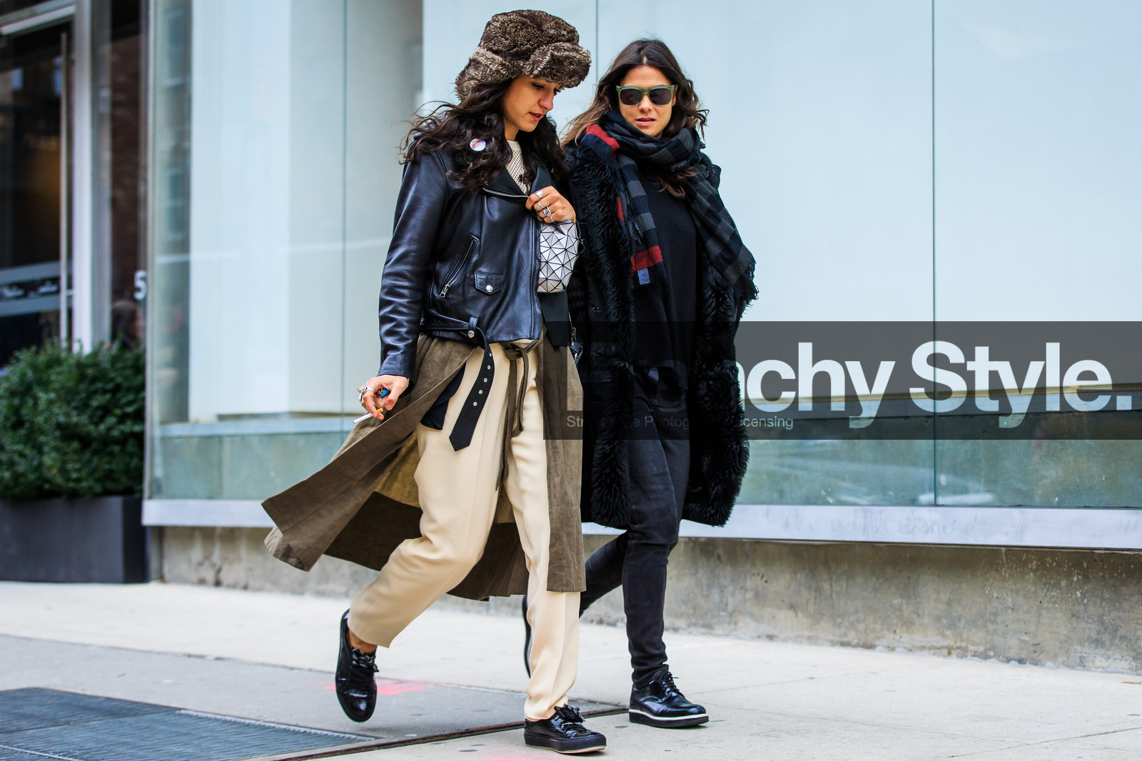 atmosphere details, AUTUMN WINTER 2016-2017, AW 16-17, beige pants, black coat, black denim, black fur, black jacket, black perfecto, black scarf, black shoes, brown jacket, chapka, denim pants, fashion week, frenchystyle, full length, fur coat, fur hat, FW, FW 16-17, graphic bag, group of people, horizontal, issey miyake, jeans, jonathan paciullo, leather jacket, leather perfecto, leather shoes, NEW YORK, NYFW, origami, origami bag, plastic bag, street style, sunglasses, trousers, white bag, woman