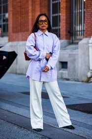 aviator sunglasses, bag, black boots, croco bag, flare pants, large pants, leather bag, lila shirt, pants, pastel, red bag, shirt, sunglasses, white pants, street style, jonathan paciullo, FW, frenchystyle, fashion week, PFW, PARIS, SPRING SUMMER 2022, SS 22, vertical, full length