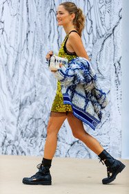 sequins dress, sleeveless dress, tie and dye cardigan, tie and dye coat, tie and dye jacket, dior cardigan, dior coat, dior jacket, mini dress, golden dress, golden necklace, multi necklace, chain necklace, big chain necklace, dior boots, dior shoes, black leather boots, flat boots, big sole boots, laced boots, dior total look, white jacket, white cardigan, white coat, blue coat, blue bag, blue jacket, blue cardigan, knit coat, knit jacket, knitwear, striped coat, striped jacket, striped cardigan, sofia sanchez de betak, fashion week, frenchystyle, FW, jonathan paciullo, street style, PFW, PARIS, AUTUMN WINTER 2021-2022, FALL WINTER 2021-2022, FW 21-22, vertical, full length