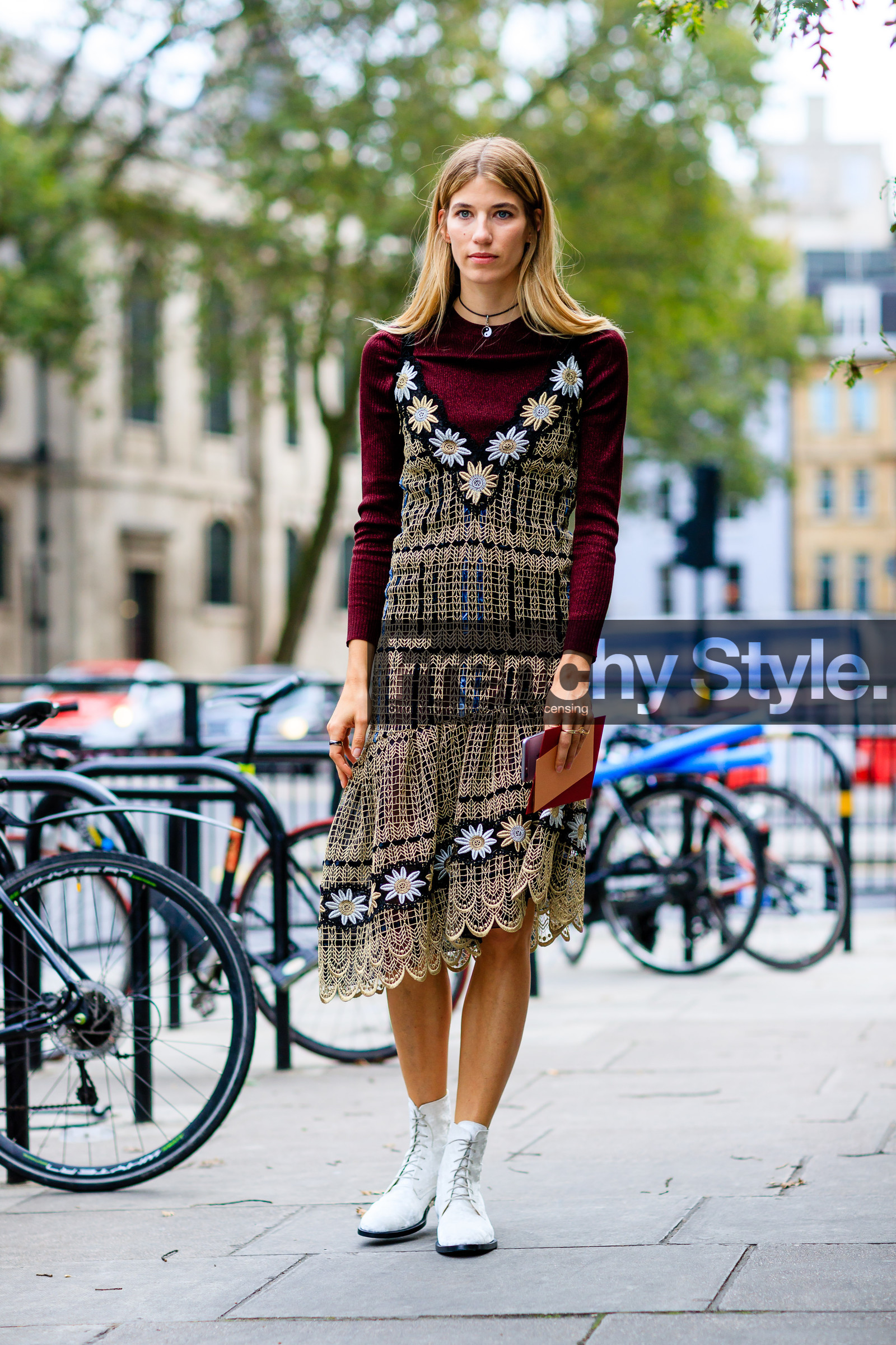 beige dress, bordeaux, burgundy, embroidered dress, fashion week, floral, flower, frenchystyle, full length, FW, jonathan paciullo, leather shoes, LFW, LONDON, red sweater, SPRING SUMMER 2017, SS 17, street style, veronika heilbrunner, vertical, white boots, woman