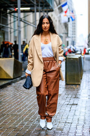 beige jacket, black bag, blazer, brown pants, high heels, leather bag, leather pants, leather shoes, nausheen shah, necklace, trousers, white boots, white t shirt, street style, jonathan paciullo, FW, frenchystyle, fashion week, NYFW, NEW YORK, SPRING SUMMER 2019, SS 19, vertical, full length