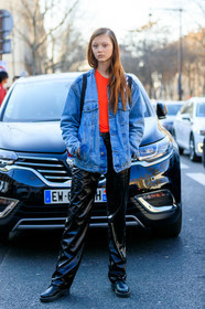 black pants, black shoes, blue denim, denim jacket, leather pants, leather shoes, model, red sweater, trousers, PARIS, PFW, street style, jonathan paciullo, FW, frenchystyle, fashion week, AUTUMN WINTER 2019-2020, AW 19-20, FALL WINTER 2019-2020, FW 19-20, vertical, full length