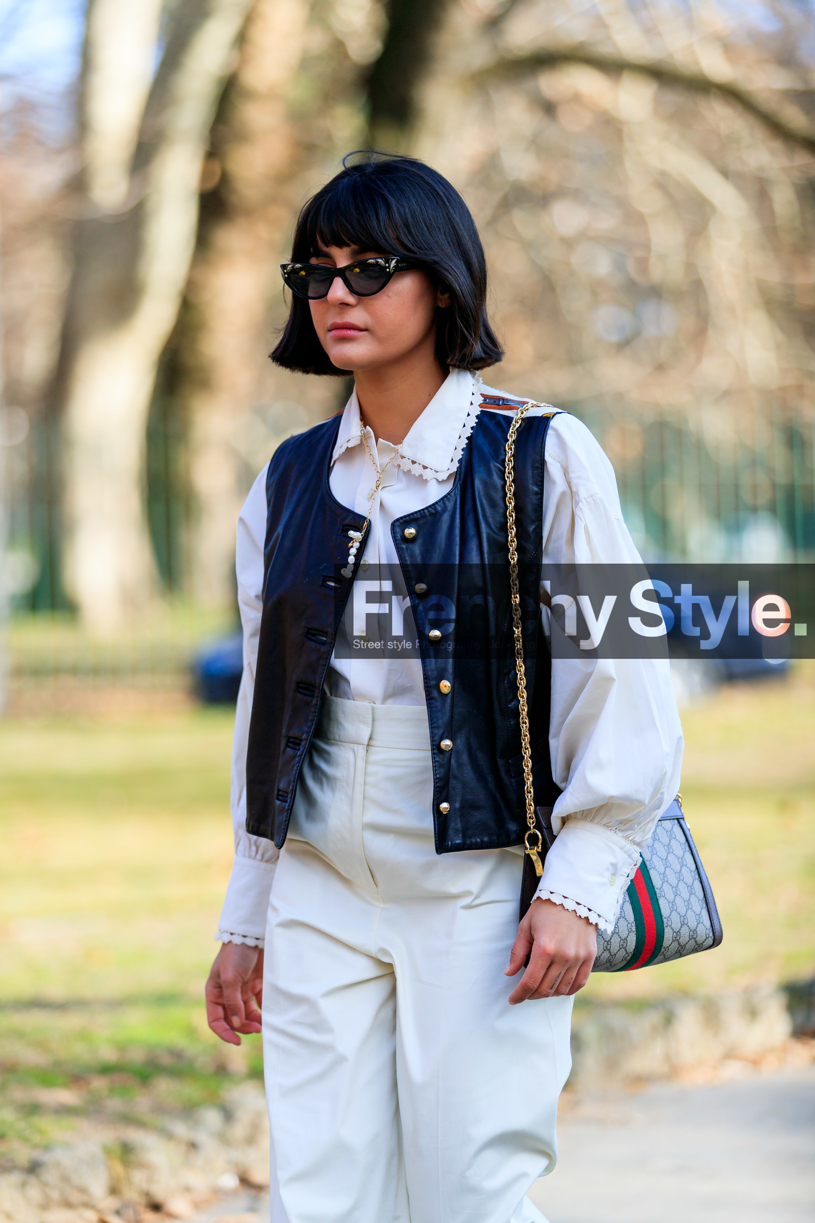 black jacket, brown bag, graphic bag, gucci, leather bag, leather jacket, maria bernad, monogram, printed bag, sunglasses, trousers, white pants, white shirt, MILAN, MFW, fashion week, frenchystyle, FW, jonathan paciullo, street style, AUTUMN WINTER 2019-2020, AW 19-20, FALL WINTER 2019-2020, FW 19-20, vertical, atmosphere details, detail