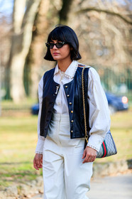 black jacket, brown bag, graphic bag, gucci, leather bag, leather jacket, maria bernad, monogram, printed bag, sunglasses, trousers, white pants, white shirt, MILAN, MFW, fashion week, frenchystyle, FW, jonathan paciullo, street style, AUTUMN WINTER 2019-2020, AW 19-20, FALL WINTER 2019-2020, FW 19-20, vertical, atmosphere details, detail