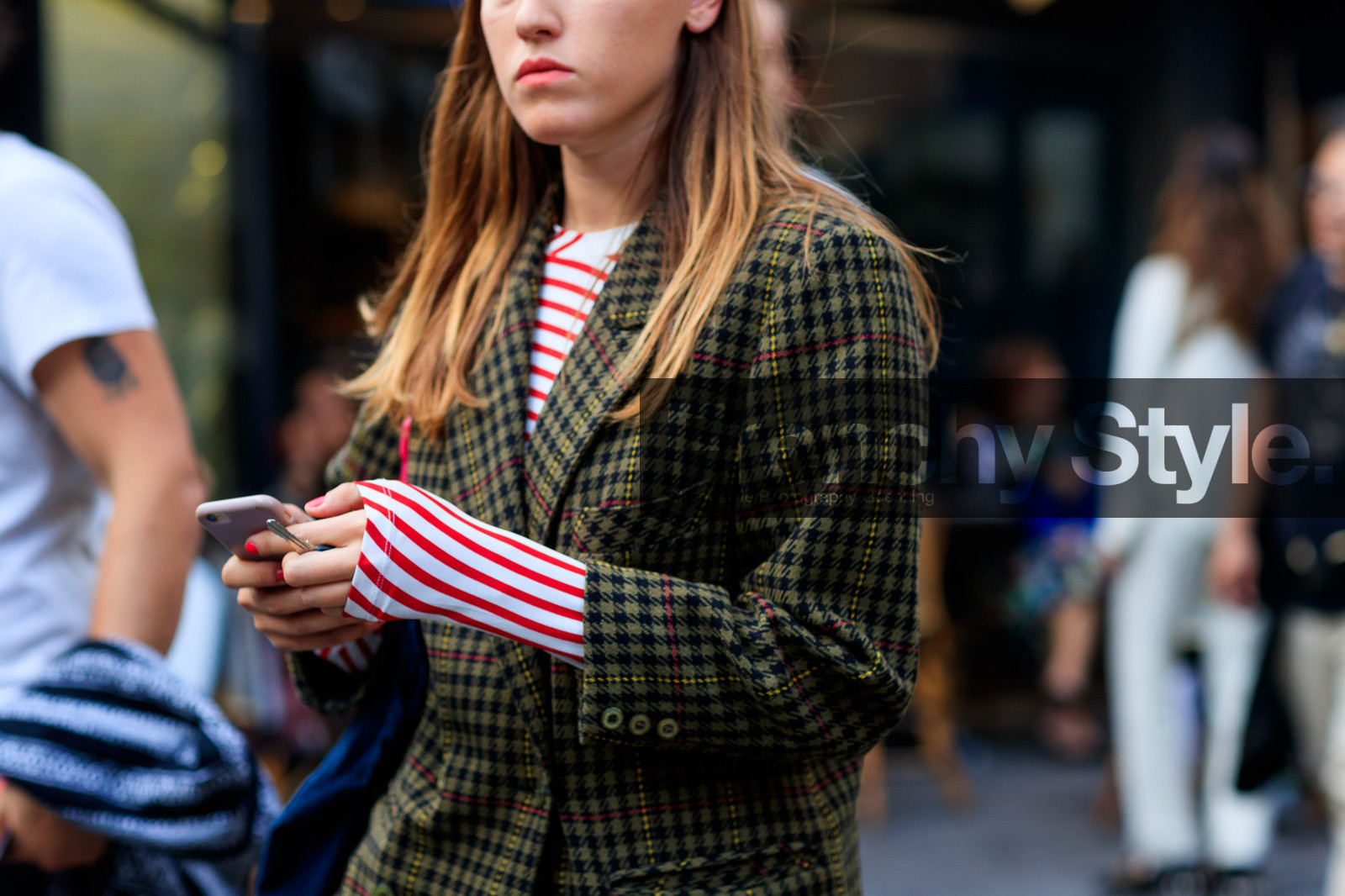 atmosphere details, blazer, detail, fashion week, frenchystyle, FW, graphic jacket, graphic top, green jacket, horizontal, houndstooth pattern, jonathan paciullo, PARIS, PFW, printed jacket, printed top, SPRING SUMMER 2018, SS 18, street style, striped top