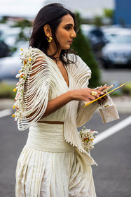 bag, earrings, ecru bag, ecru skirt, ecru top, gold earrings, gold ring, Masoom Minawala Mehta, mini bag, pleated skirt, pleated top, ring, skirt, statement skirt, statement top, top, PARIS, PFW, fashion week, frenchystyle, FW, jonathan paciullo, street style, SPRING SUMMER 2022, SS 22, vertical, atmosphere details
