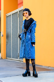 AUTUMN WINTER 2017-2018, AW 17-18, beret, black hat, black shoes, black sweater, black wedges, blue denim, denim coat, FALL WINTER 2017-2018, fashion week, frenchystyle, full length, FW, FW 17-18, high heels, jonathan paciullo, leather shoes, MFW, MILAN, street style, sunglasses, tights, vertical