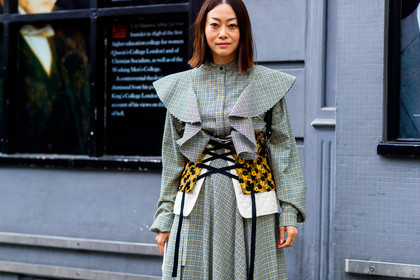 atmosphere details, checked dress, corset, detail, fashion week, floral, flowers, frenchystyle, FW, graphic dress, grey dress, horizontal, jonathan paciullo, LFW, LONDON, maiko shibata, printed dress, ruffles, SPRING SUMMER 2018, SS 18, street style