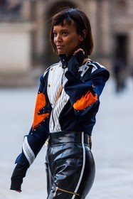 black jacket, black pants, jacket, Liya Kebede, louis vuitton look, orange jacket, pants, patent pants, printed jacket, stripes, fashion week, frenchystyle, FW, jonathan paciullo, street style, PFW, PARIS, SPRING SUMMER 2022, SS 22, vertical, atmosphere details