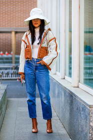 blue denim, brown boots, denim pants, fendi, graphic jacket, high heels, jeans, leather shoes, monogram, printed jacket, transparent jacket, trousers, turtleneck sweater, white hat, white sweater, yoyo cao, MILAN, MFW, fashion week, frenchystyle, FW, jonathan paciullo, street style, AUTUMN WINTER 2019-2020, AW 19-20, FALL WINTER 2019-2020, FW 19-20, vertical, full length