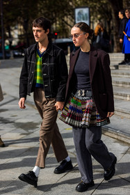 belt, black belt, black derbies, black jacket, blazer, brown blazer, brown pants, color, couple, denim, derbies, Ella Emhoff, green knitwear, grey denim, jacket, jean, knitwear, menswear, mini skirt, pants, pleated skirt, print, printed skirt, Samuel Hine, skirt, stripes, tartan pants, white socks, fashion week, frenchystyle, FW, jonathan paciullo, street style, PFW, PARIS, SPRING SUMMER 2022, SS 22, vertical, full length