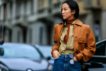 beige shirt, blue denim, brown sweater, camel jacket, denim skirt, graphic skirt, leather jacket, printed skirt, yoyo cao, MILAN, MFW, fashion week, frenchystyle, FW, jonathan paciullo, street style, AUTUMN WINTER 2019-2020, AW 19-20, FALL WINTER 2019-2020, FW 19-20, atmosphere details, detail, horizontal