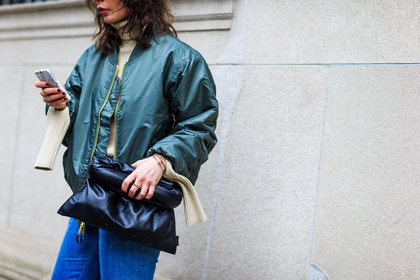 atmosphere details, AUTUMN WINTER 2016-2017, AW 16-17, beige knit, black bag, blue denim, bomber jacket, céline, denim pants, detail, fashion week, frenchystyle, FW, FW 16-17, horizontal, iphone, irina lakicevic, jeans, jonathan paciullo, kaki jacket, leather bag, NEW YORK, NYFW, street style, trousers, turtleneck sweater, woman