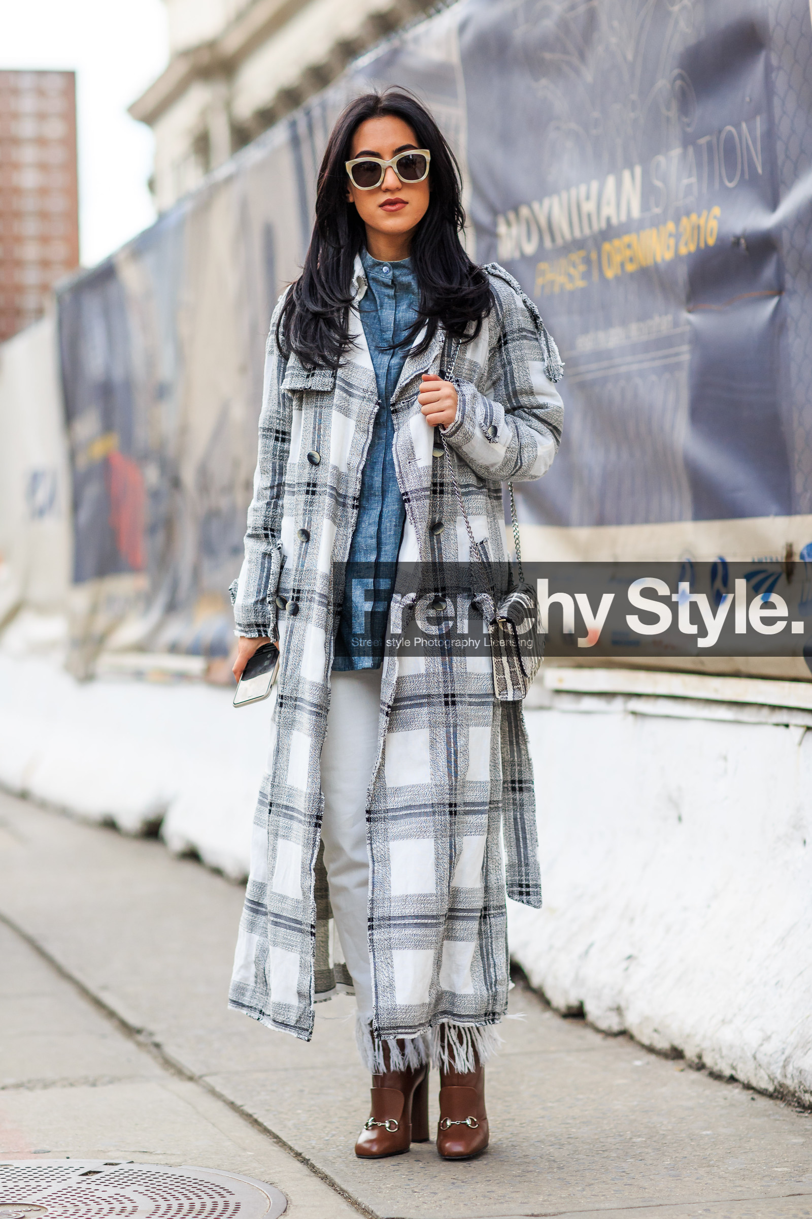 animal print, AUTUMN WINTER 2016-2017, AW 16-17, beige coat, blue denim, brown boots, denim shirt, FALL WINTER 2016-2017, fashion week, frenchystyle, full length, FW, FW 16-17, gucci, high boots, high heels, jonathan paciullo, leather bag, leather boots, long coat, NEW YORK, NYFW, street style, striped coat, sunglasses, tartan, vertical, woman