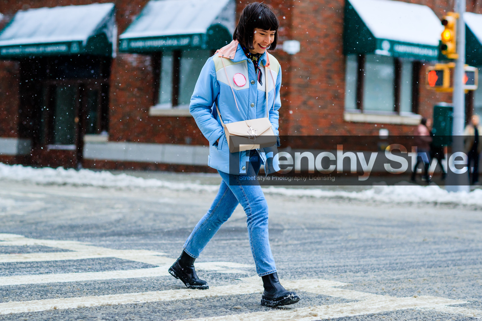 atmosphere details, AUTUMN WINTER 2017-2018, AW 17-18, black boots, blue denim, blue jacket, clara cornet, denim pants, down jacket, FALL WINTER 2017-2018, fashion week, frenchystyle, full length, FW, FW 17-18, horizontal, jeans, jonathan paciullo, jw anderson, leather bag, leather boots, miu miu, NEW YORK, NYFW, pink bag, street style, trousers