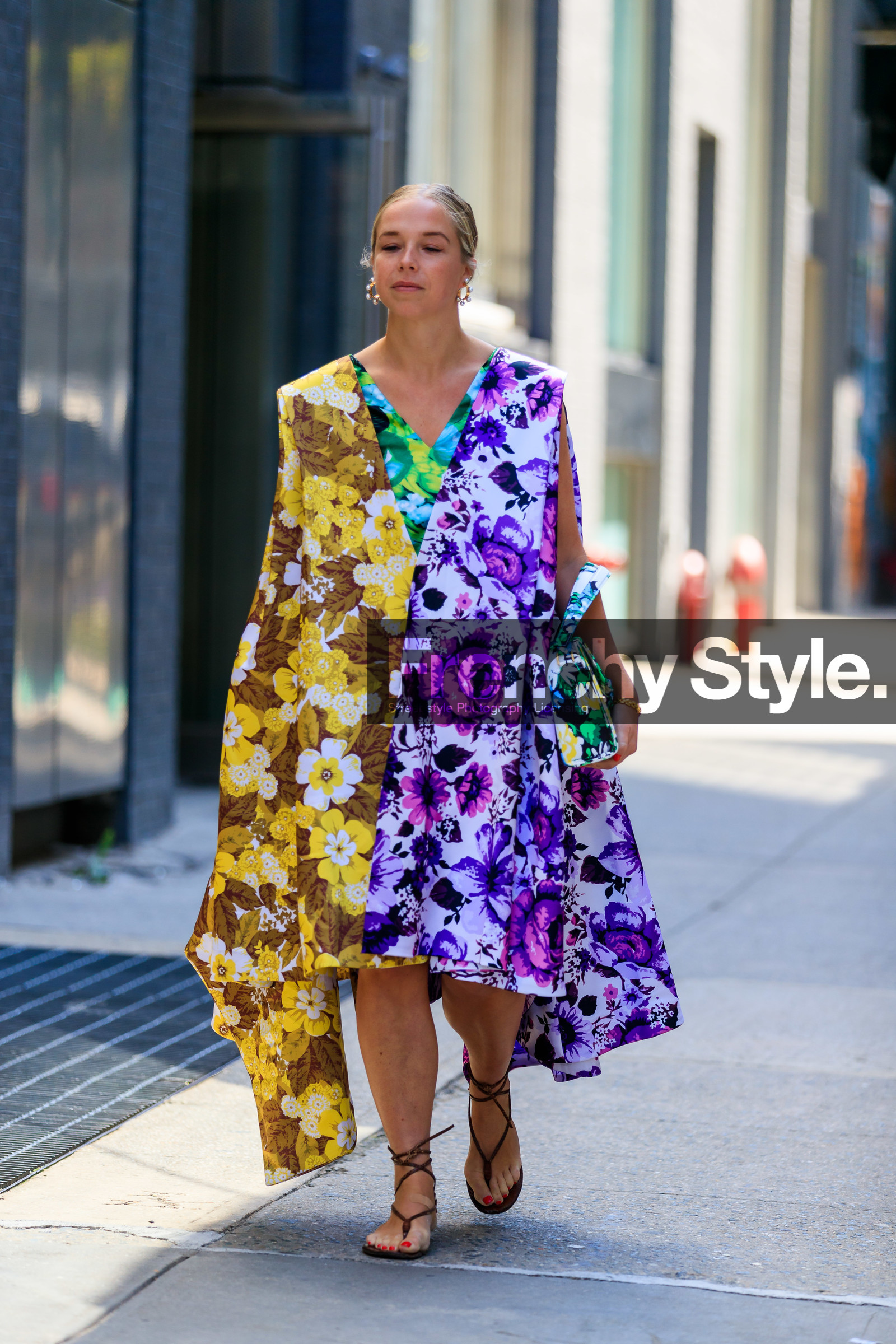 black shoes, chloe king, floral, flowers, graphic dress, leather bag, leather shoes, multicolor bag, multicolor dress, printed dress, purple dress, yellow dress, fashion week, frenchystyle, FW, jonathan paciullo, street style, NEW YORK, NYFW, SPRING SUMMER 2020, SS 20, vertical, full length