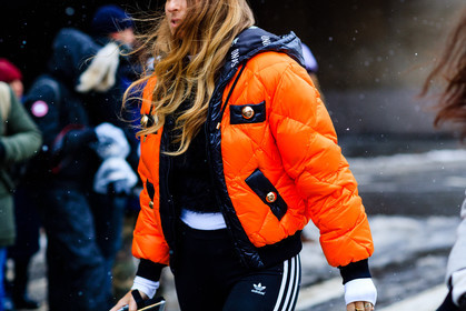 adidas, annie georgia greenberg, atmosphere details, AUTUMN WINTER 2017-2018, AW 17-18, black pants, detail, down jacket, FALL WINTER 2017-2018, fashion week, frenchystyle, FW, FW 17-18, hood, horizontal, jonathan paciullo, NEW YORK, NYFW, orange jacket, oversize, street style, sweatpants, trousers