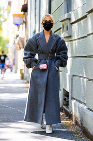 grey coat, grey dress, dress coat, belted coat, belted dress, long coat, crossbody bag, light pink bag, light pink leather bag, mini bag, fendi bag, fendi coat, fendi boots, diamond earrings, round shape earrings, celine earrings, golden chain strap bag, white leather boots, oversize shoulder, covid face mask, caro daur, fashion week, frenchystyle, FW, jonathan paciullo, street style, MFW, MILAN, SPRING SUMMER 2021, SS 21, vertical, full length