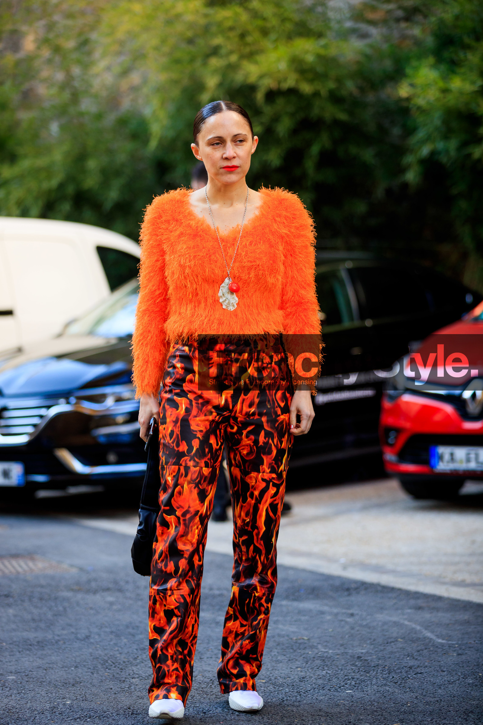 black bag, graphic pants, leather bag, leather shoes, marine serre, necklace, orange sweater, printed pants, red pants, trousers, white shoes, fashion week, frenchystyle, FW, jonathan paciullo, street style, PFW, PARIS, AUTUMN WINTER 2019-2020, AW 19-20, FALL WINTER 2019-2020, FW 19-20, vertical, full length