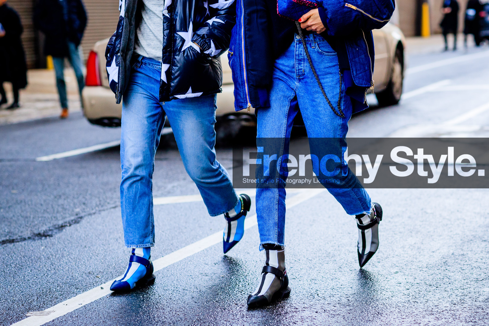 atmosphere details, AUTUMN WINTER 2017-2018, AW 17-18, black sweater, blue bag, blue denim, blue jacket, chanel handbag, denim pants, detail, down jacket, FALL WINTER 2017-2018, fashion week, frenchystyle, FW, FW 17-18, graphic shoes, grey sweater, horizontal, jeans, jonathan paciullo, leather shoes, louis vuitton, moncler, NEW YORK, NYFW, printed jacket, stars, street style, trousers, turquoise