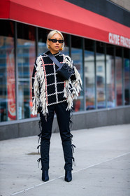 black bag, black pants, black shoes, black sweater, checked, checked sweater, earrings, fanny pack, graphic sweater, high heels, leather bag, leather shoes, plaid, sunglasses, tartan, trousers, street style, jonathan paciullo, FW, frenchystyle, fashion week, NYFW, NEW YORK, AUTUMN WINTER 2018-2019, AW 18-19, FALL WINTER 2018-2019, FW 18-19, vertical, full length, vanessa hong