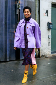 tamu mcpherson, lilac jacket, lilac shirt, black dress, polka dots dress, polka dots boots, low boots, camel leather boots, coach boots, coach dress, high collar dress, lavalliere collar, mid long dress, pink dress, monogrammed dress, fashion week, frenchystyle, FW, jonathan paciullo, street style, NYFW, NEW YORK, AUTUMN WINTER 2020-2021, FALL WINTER 2020-2021, FW 20-21, vertical, full length