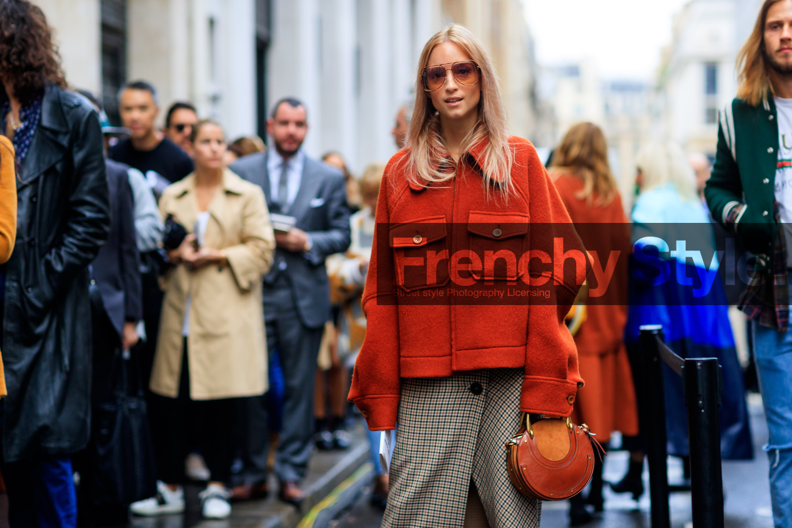 atmosphere details, brown bag, checked skirt, chloé, detail, fashion week, frenchystyle, FW, horizontal, houndstooth pattern, jonathan paciullo, leather bag, PARIS, PFW, plaid, red jacket, SPRING SUMMER 2018, SS 18, street style, sunglasses, Charlotte Groeneveld