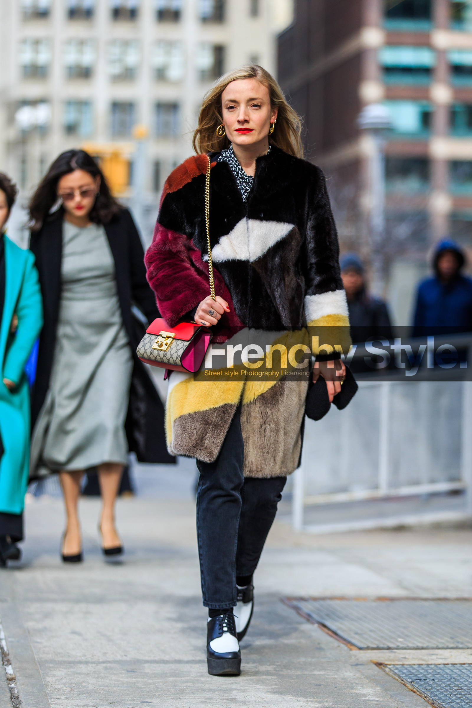 AUTUMN WINTER 2016-2017, AW 16-17, black and white wedges, black denim, black fur, brown fur, denim pants, fashion week, frenchystyle, full length, fur coat, FW, FW 16-17, graphic coat, gucci, high heels, jeans, jonathan paciullo, kate foley, leather shoes, NEW YORK, NYFW, red bag, red fur, street style, vertical, woman