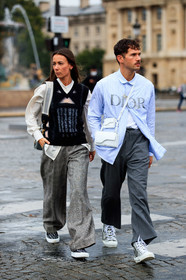 alice & j.s, alice barbier, JS roques, black pullover, striped pullover, sleeveless pullover, white shirt, striped shirt, dior bag, dior pullover, dior shirt, dior strap bag, dior pants, dior total look, dior shoes, grey pants, checked pants, plaid pants, loose pants, monogrammed shoes, monogrammed sneakers, grey sneakers, grey shoes, light blue shirt, white leather bag, crossbody bag, embroidered shirt, logo printed shirt, animal skin bag, fashion week, frenchystyle, FW, jonathan paciullo, street style, PFW, PARIS, SPRING SUMMER 2021, SS 21, vertical, full length